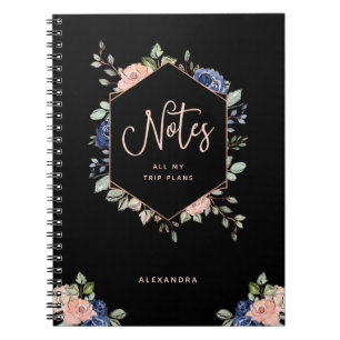 Carnet Or rose floral noir géométrique