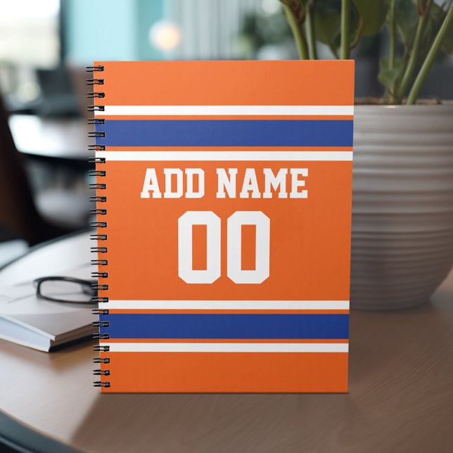 Carnet Orange Blue Sports Jersey avec nom et numéro (Personalized notebook with Sports Jersey Football Design - Custom Name and Other Text)