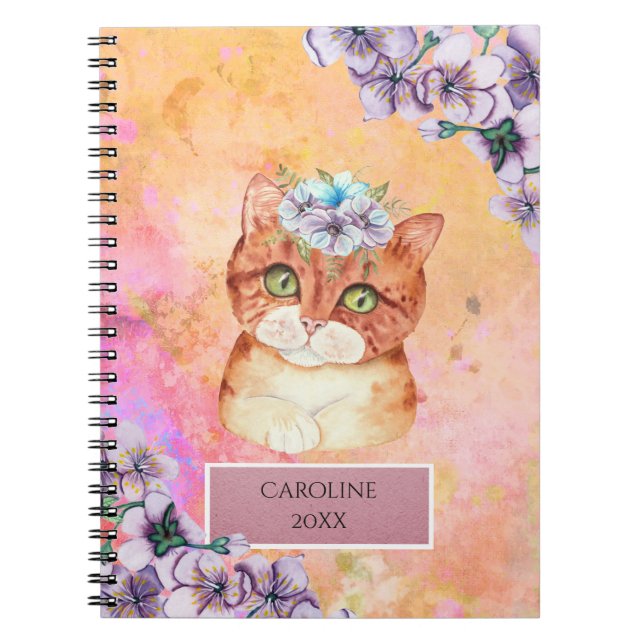 Carnet Orange Chat & Fleurs de Violet Notes quotidiennes  (Devant)