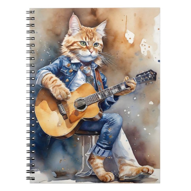 Carnet Orange Tabby Cat Rock Star Jouer Guitare Acoustiqu (Devant)