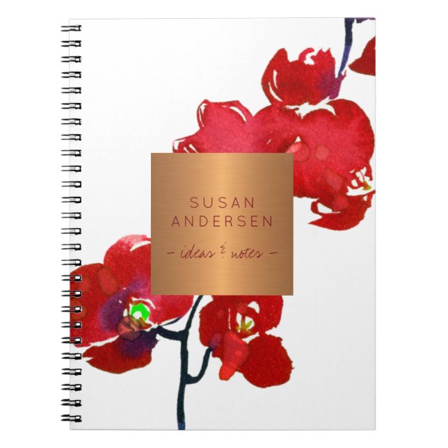 Carnet Orchidée rouge corail élégant étiquette métallique (Devant)
