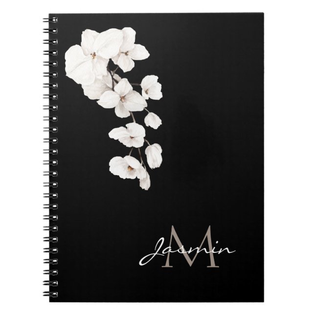 Carnet Orchidées noires et blanches modernes Monogramme f (Devant)