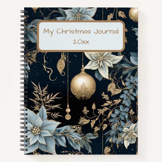 Carnet Ornements de Noël bleu et or Poinsettias (Devant)