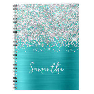 Carnet Pailleté Argent Turquoise Bleu Glam Script Nom