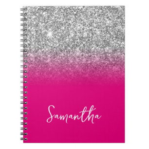 Carnet Paillettes Argent Ombré Rose Chaud Nom