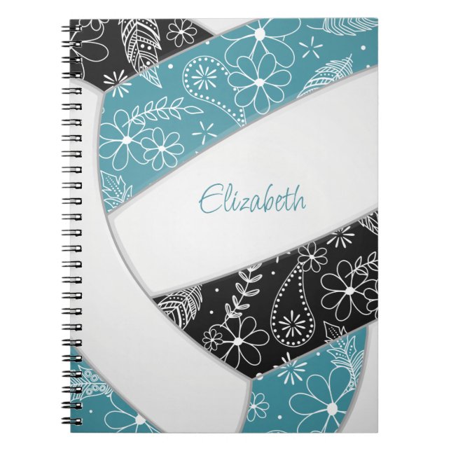 Carnet paisible plumes floral turquoise noir boho volleyb (Devant)