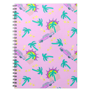 Carnet palmiers roses rétro et voiture