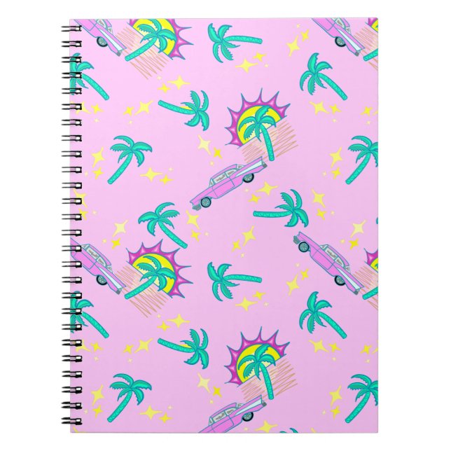 Carnet palmiers roses rétro et voiture (Devant)