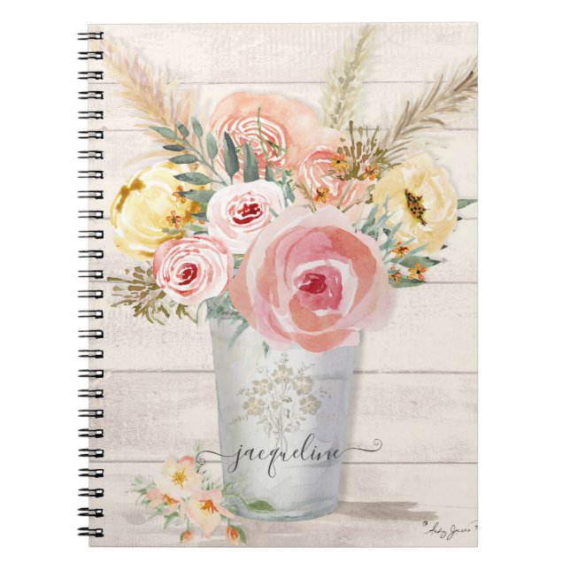 Carnet Pampas Boho Peony Floral Russe Bois Aquarelle (Devant)