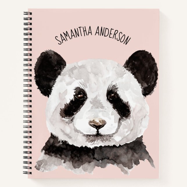 Carnet Panda aquarelle moderne avec nom et rose pastel (Devant)