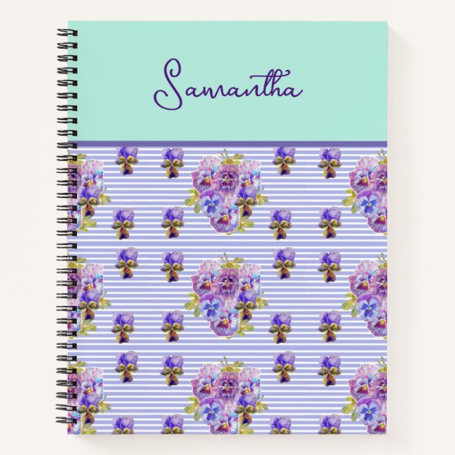 Carnet Pansy Flower Aqua Stripe art floral Girls Nom (Devant)