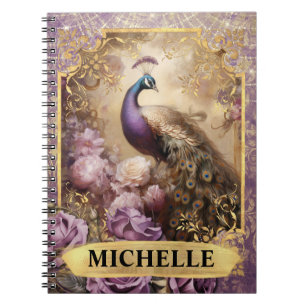 Carnet Paon violet romantique et roses fantaisie