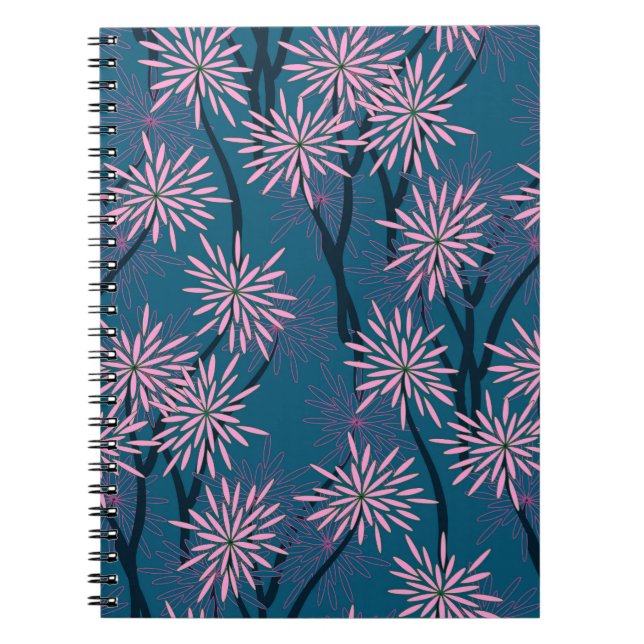 Carnet Papier peint floral : bleu marine asiatique, rose. (Devant)