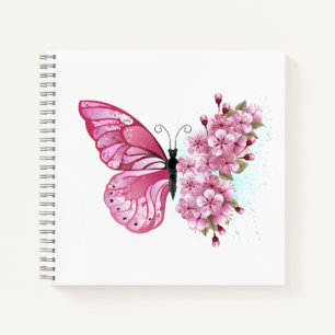 Carnet Papillon à fleurs avec Sakura rose