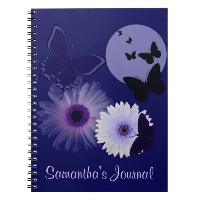 Carnet Papillon bleu et marguerite pourpres personnalisés (Devant)