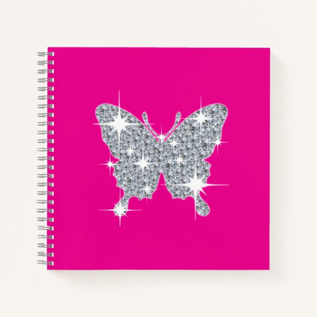 Carnet Papillon brillant en faux diamant sur rose chaud (Devant)