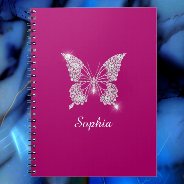 Carnet Papillon Diamant Blanc, Nom du script, Fuchsia pro (Créateur téléchargé)