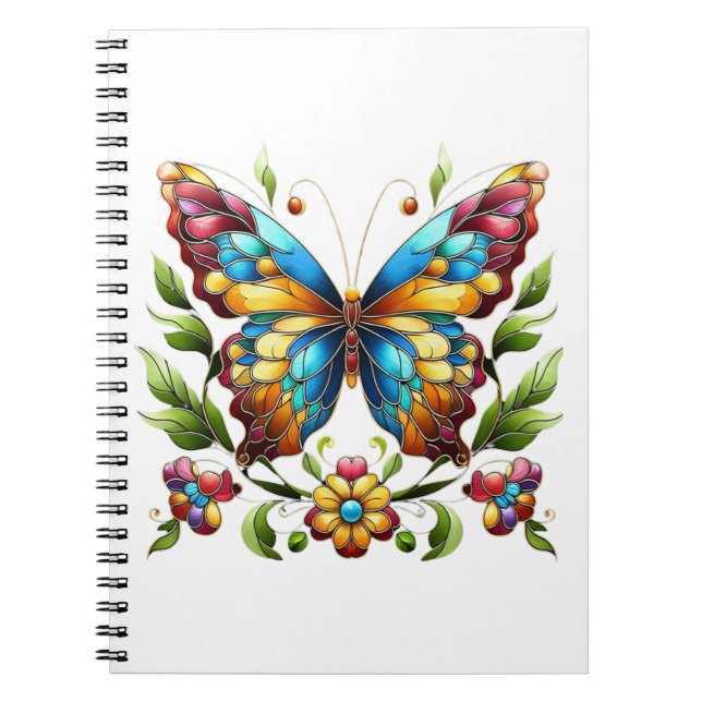 Carnet Papillon en vitrail coloré avec fleurs (Devant)