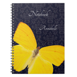 Carnet Papillon jaune élégant Damassé noir Ajouter un nom