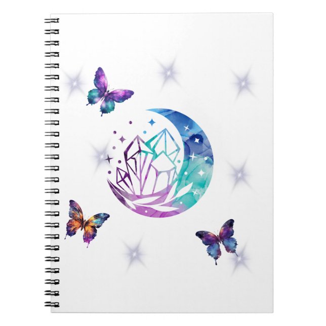 Carnet papillon, lune et cristaux (Devant)