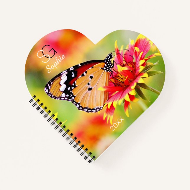 Carnet Papillon Monarque sur Fleur, Nom Monogramme Année (Devant)