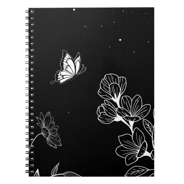 Carnet Papillon noir et blanc et fleurs à l'art nocturne (Devant)