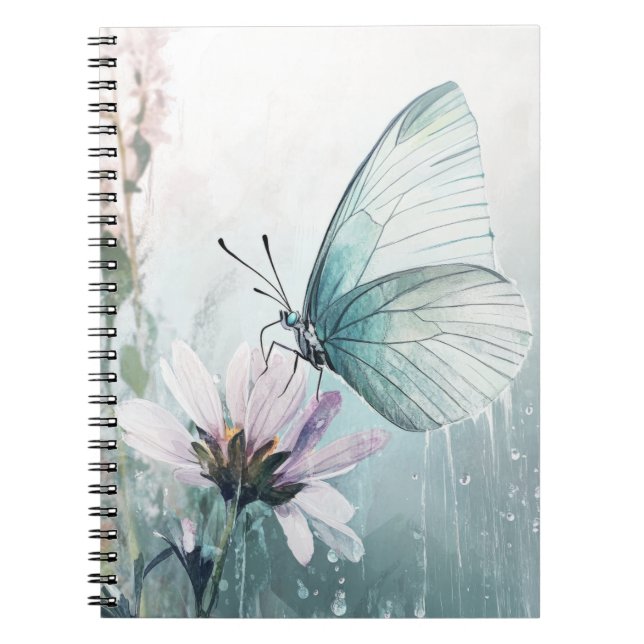 Carnet Papillon sarcelle menthe Fleur pastel doux (Devant)