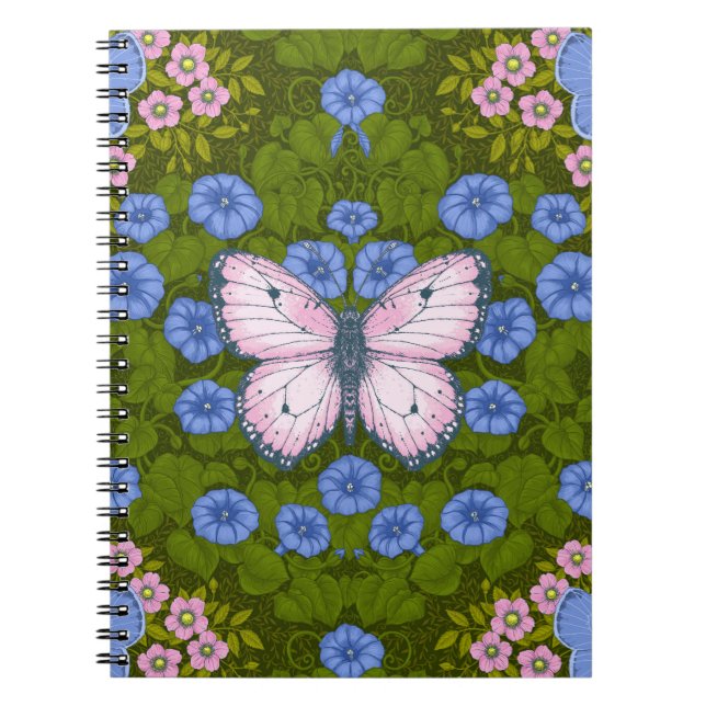 Carnet Papillons et symétrie des fleurs, bleu et rose (Devant)