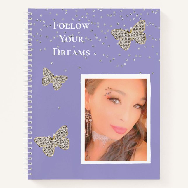 Carnet Papillons étincelants en argent violet Votre photo (Devant)