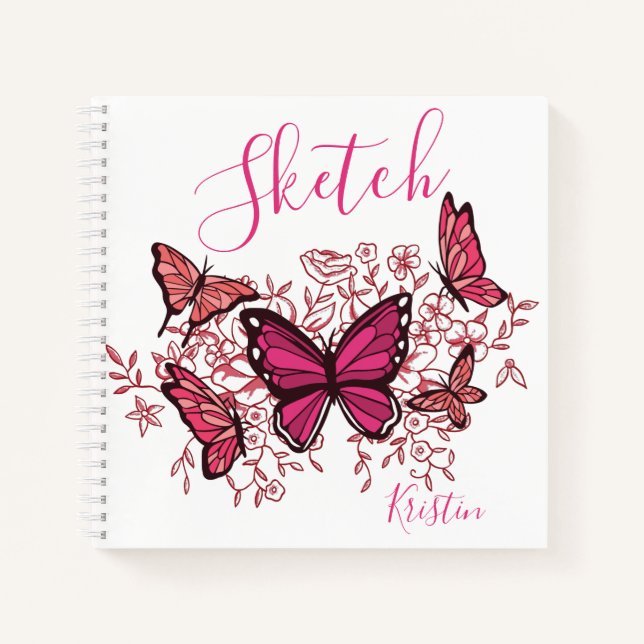 Carnet Papillons Rose Violet Avec Nom Sketchbook (Devant)