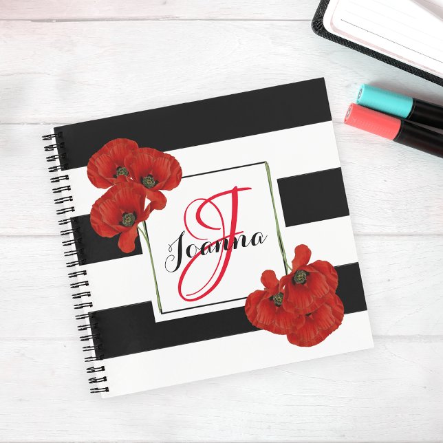 Carnet Papillons rouges sur Arrière - plan rayé noir et b (Créateur téléchargé)