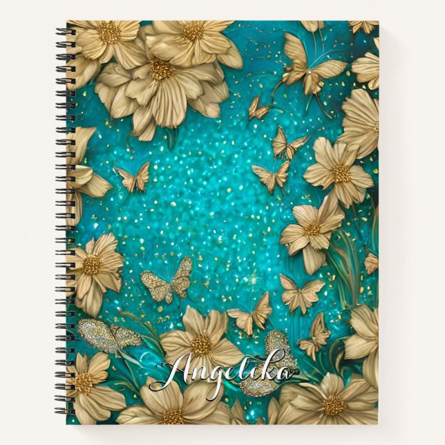 Carnet Papillons turquoises Faux Gold Parties scintillant (Devant)