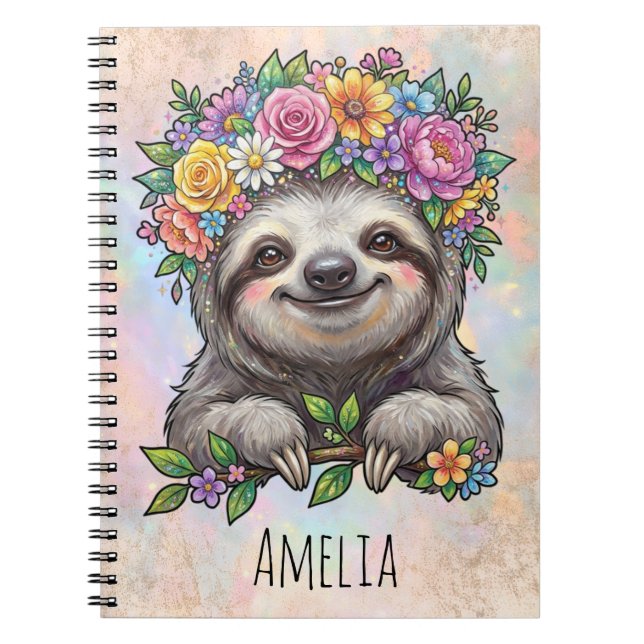 Carnet Paresseux floral mignon personnalisé avec couronne (Devant)
