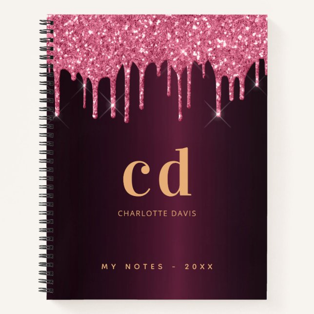 Carnet Parties scintillant Bourgogne nom monogramme or ro (Devant)