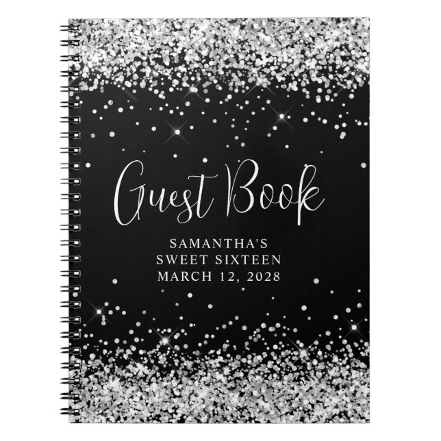 Carnet Parties scintillant d'argent Black Sweet 16 Annive (Devant)