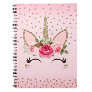 Carnet Parties scintillant d'or et Unicorne florale rose 
