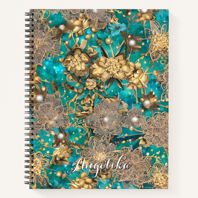Carnet Parties scintillant d'or turquoise Faux Fleurs Abs (Devant)