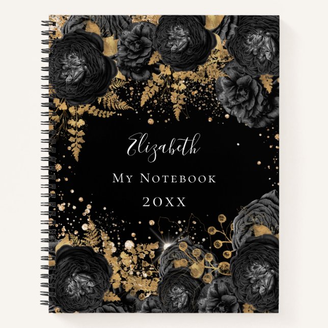 Carnet Parties scintillant florale en or noir nom glamour (Devant)