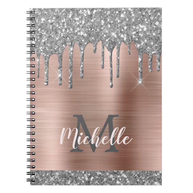 Carnet Parties scintillant gris argent monogramme gouttes (Devant)