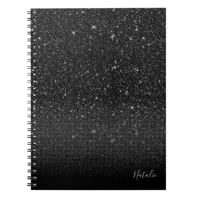 Carnet Parties scintillant moderne Black Sparkle avec nom (Devant)