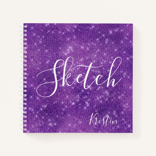 Carnet Parties scintillant Purple White Script Votre nom  (Devant)