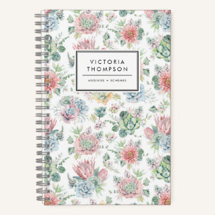 Carnet Pastel Botanical Aquarelle Succulents Motif