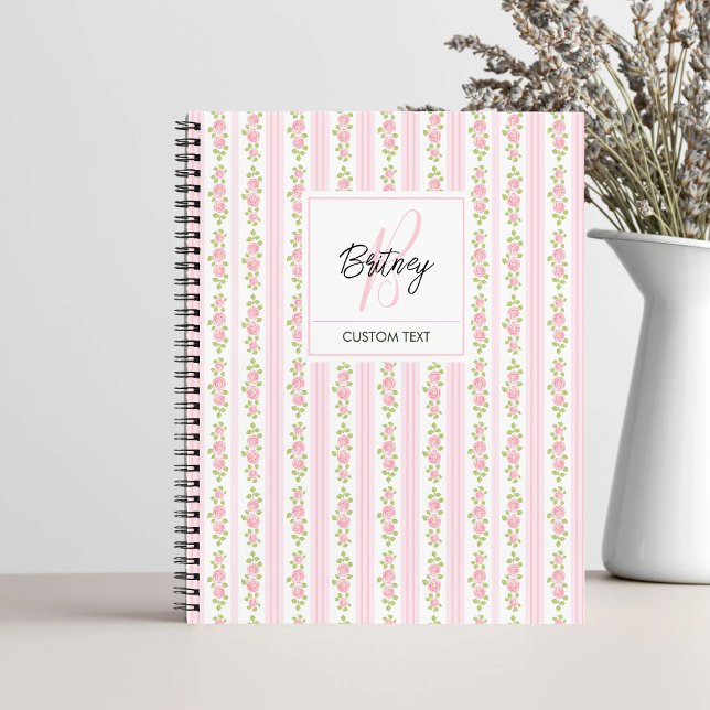 Carnet Pastel Pink Flowers and Stripes Coquette Monogram  (Créateur téléchargé)