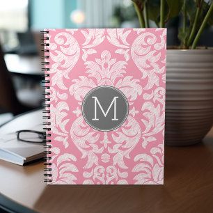 Carnet Pastel Pink & Gray Damask Pattern Custom Monogram