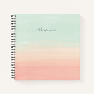 Carnet Pastel Watercolor Stripes Sea Glass and Peach Name