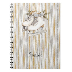 Carnet Patins à glace blancs rayures argent or pailletés