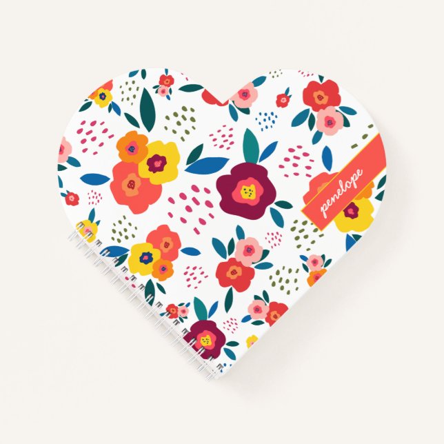 Carnet Pavot Floral Pattern Coral Script Nom Coeur (Devant)