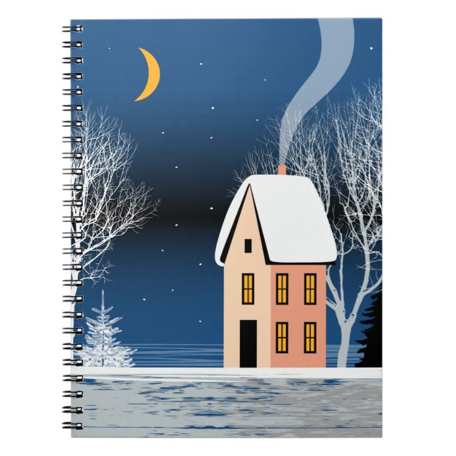 Carnet Paysage nocturne d'hiver. Maison cosy, divers arbr (Devant)
