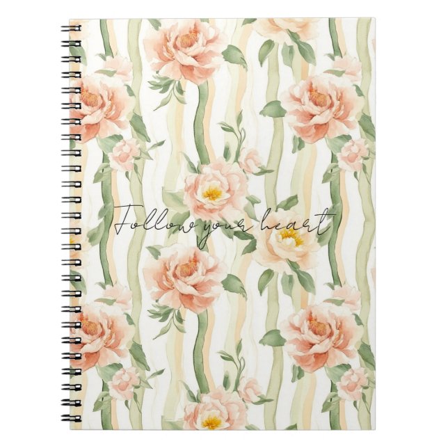 Carnet Peach Mint Pretty Roses Floral Stripes (Devant)