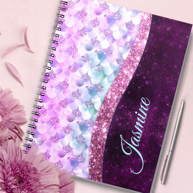 Carnet Peau de sirène rose argent faux strass monogramme (Créateur téléchargé)